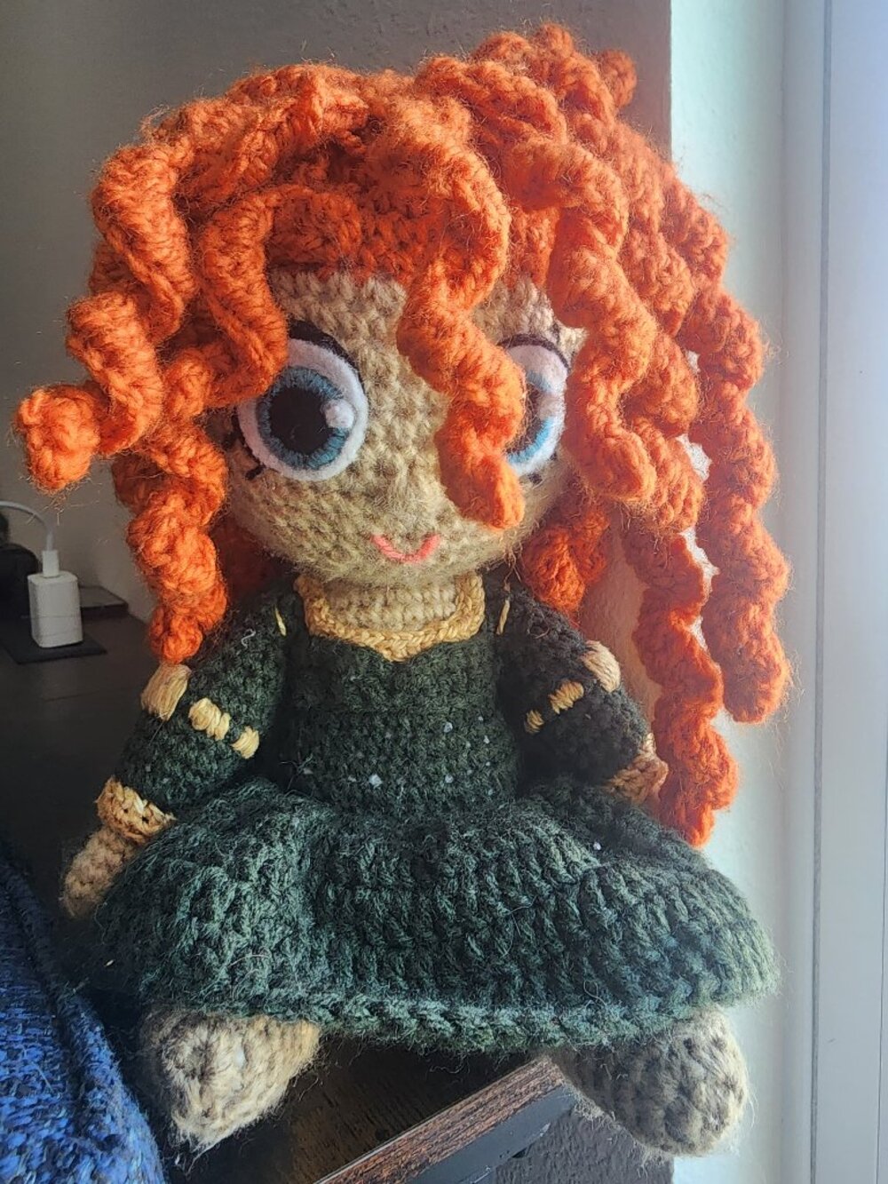Handmade Crocheted Doll Merida with Red Hair, Green Dress and Accessories